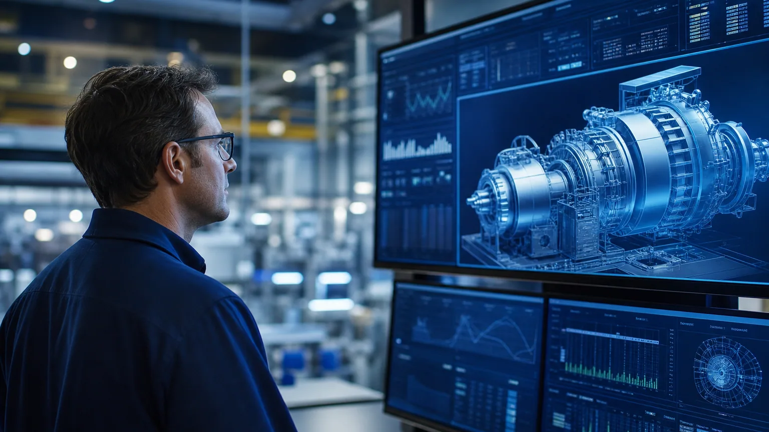 Un ingénieur observe la réplique virtuelle d'une machine industrielle sur des écrans de contrôle
