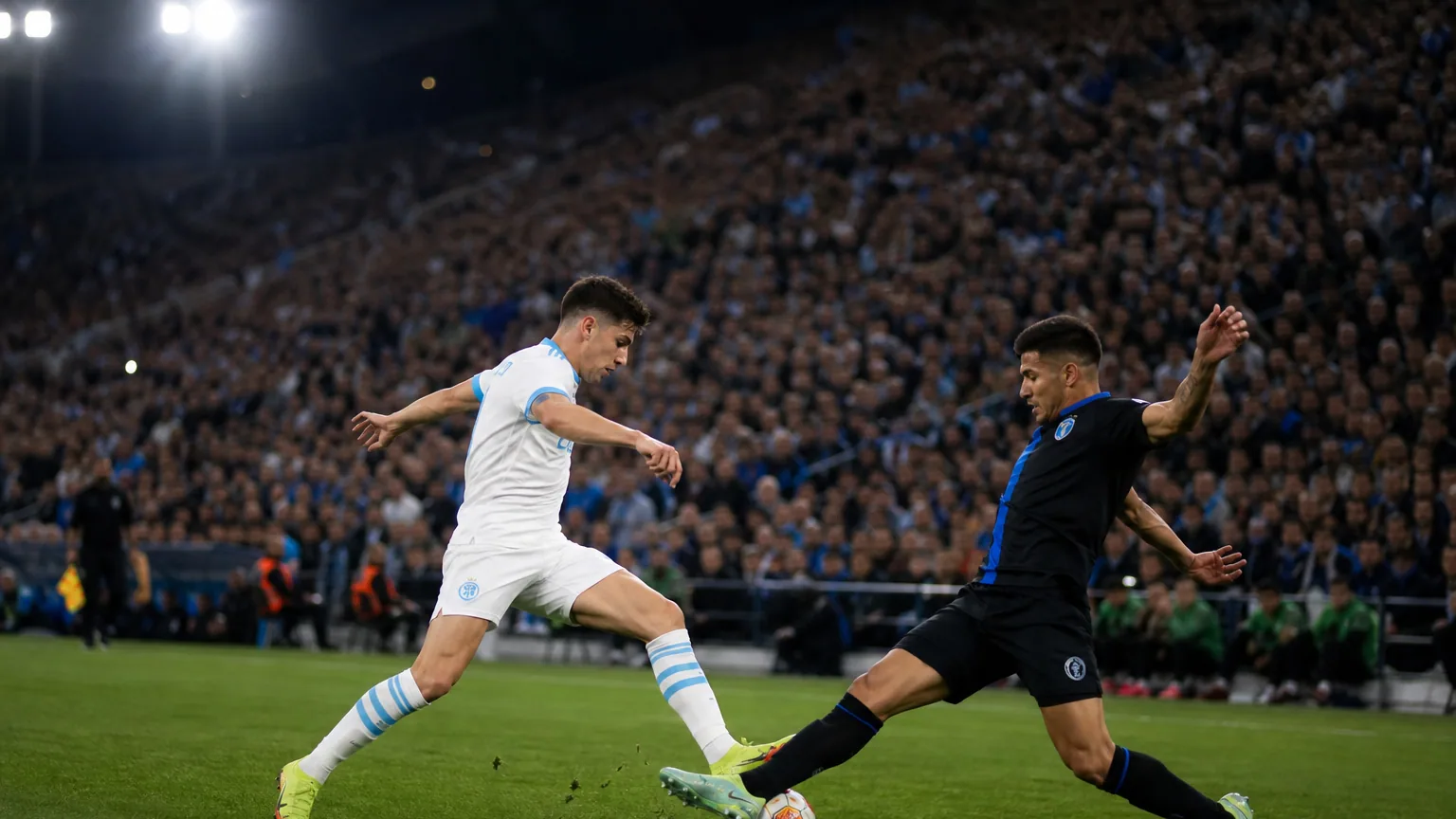 Stade de football européen de nuit pendant un match de coupe d'Europe, joueurs en action sous les projecteurs