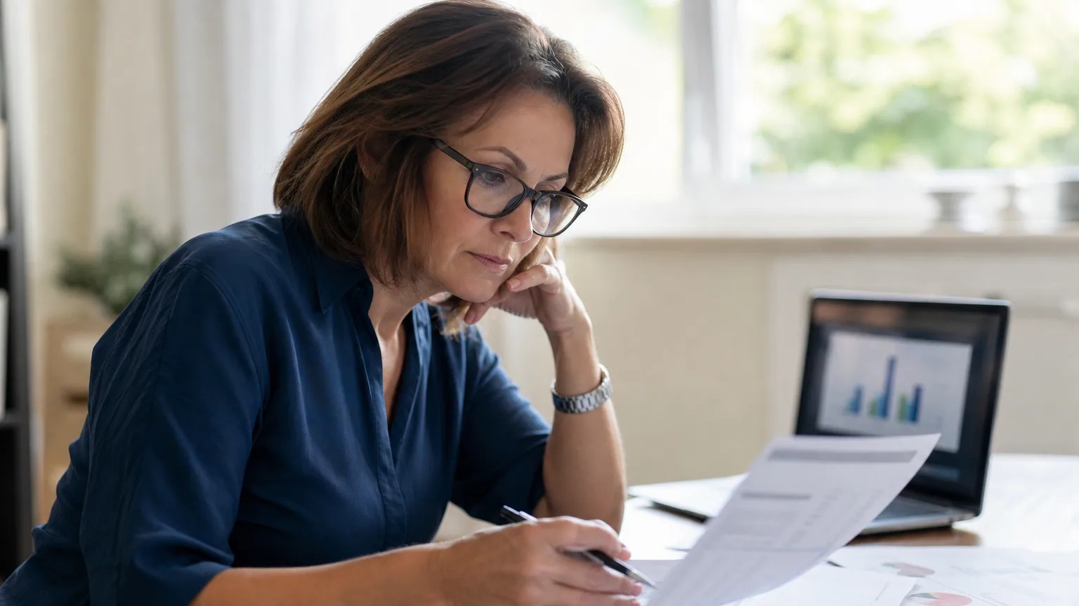 Une dirigeante examine attentivement des documents financiers imprimés à son bureau