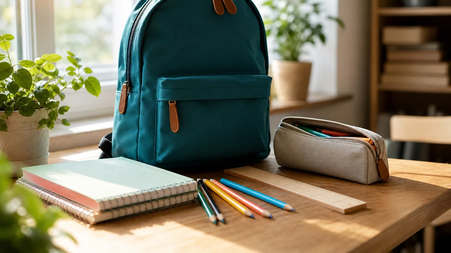 Des fournitures scolaires neuves — cahiers, crayons, cartable — posées sur une table avant la rentrée