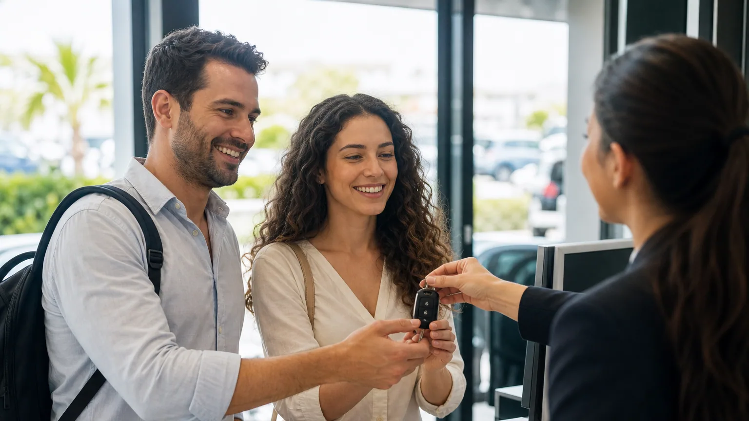 Un couple récupère les clés d'une voiture de location auprès d'un employé d'agence à l'étranger
