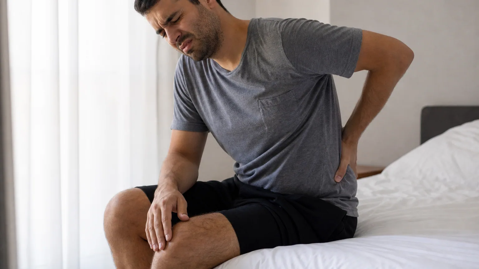 Homme assis au bord d'un lit, une main dans le bas du dos, expression de douleur