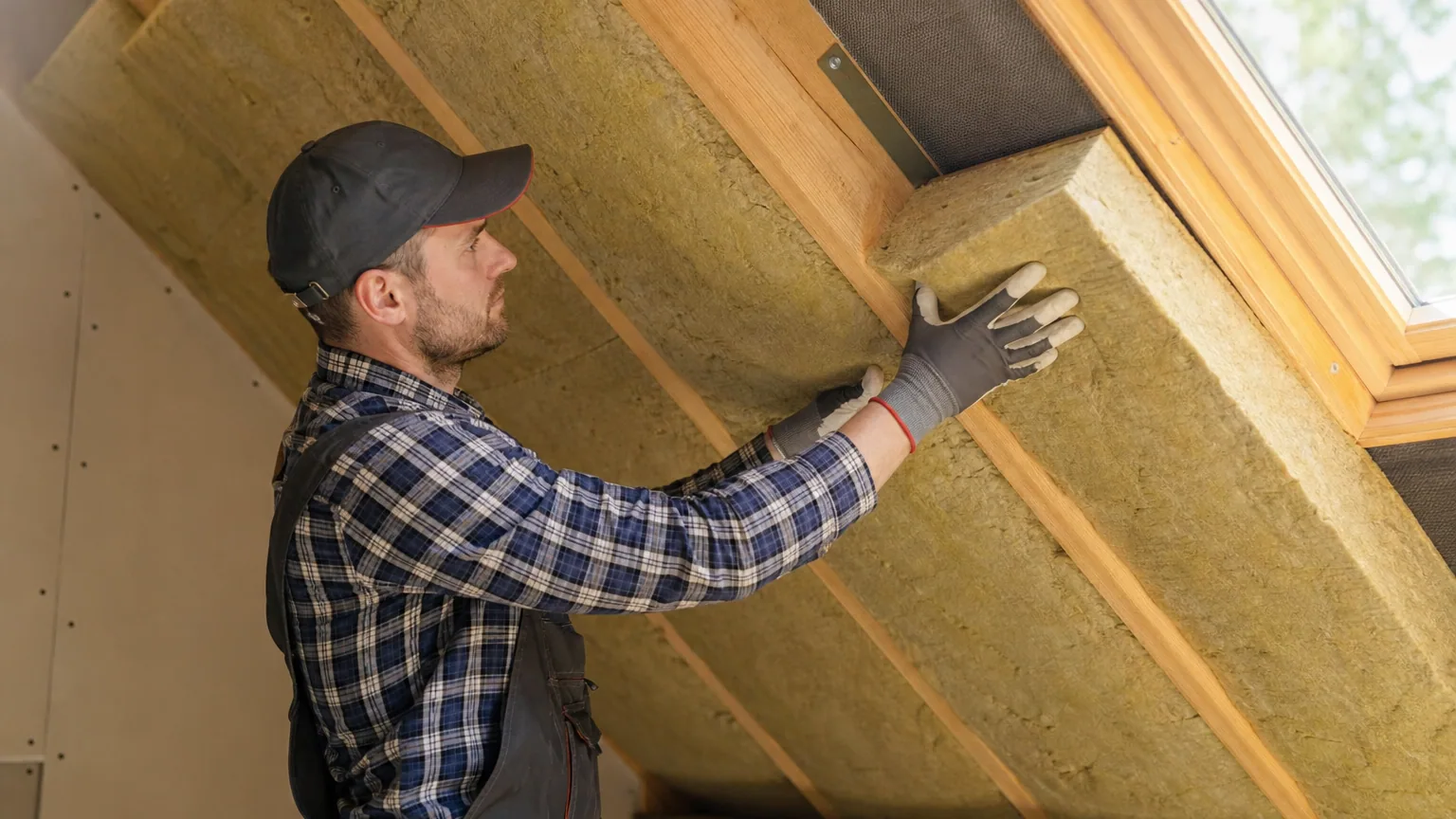 Artisan posant une isolation thermique dans des combles