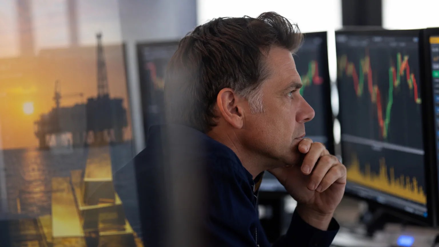 Un trader concentré observe des écrans affichant les cours des matières premières