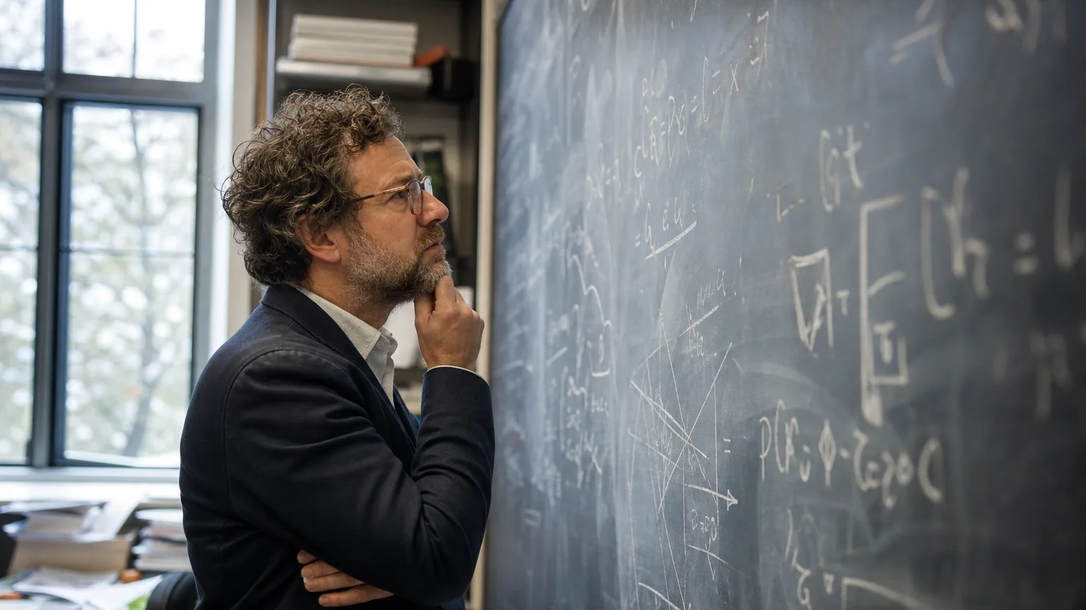 Un physicien réfléchit devant un tableau noir couvert d'équations dans un bureau universitaire