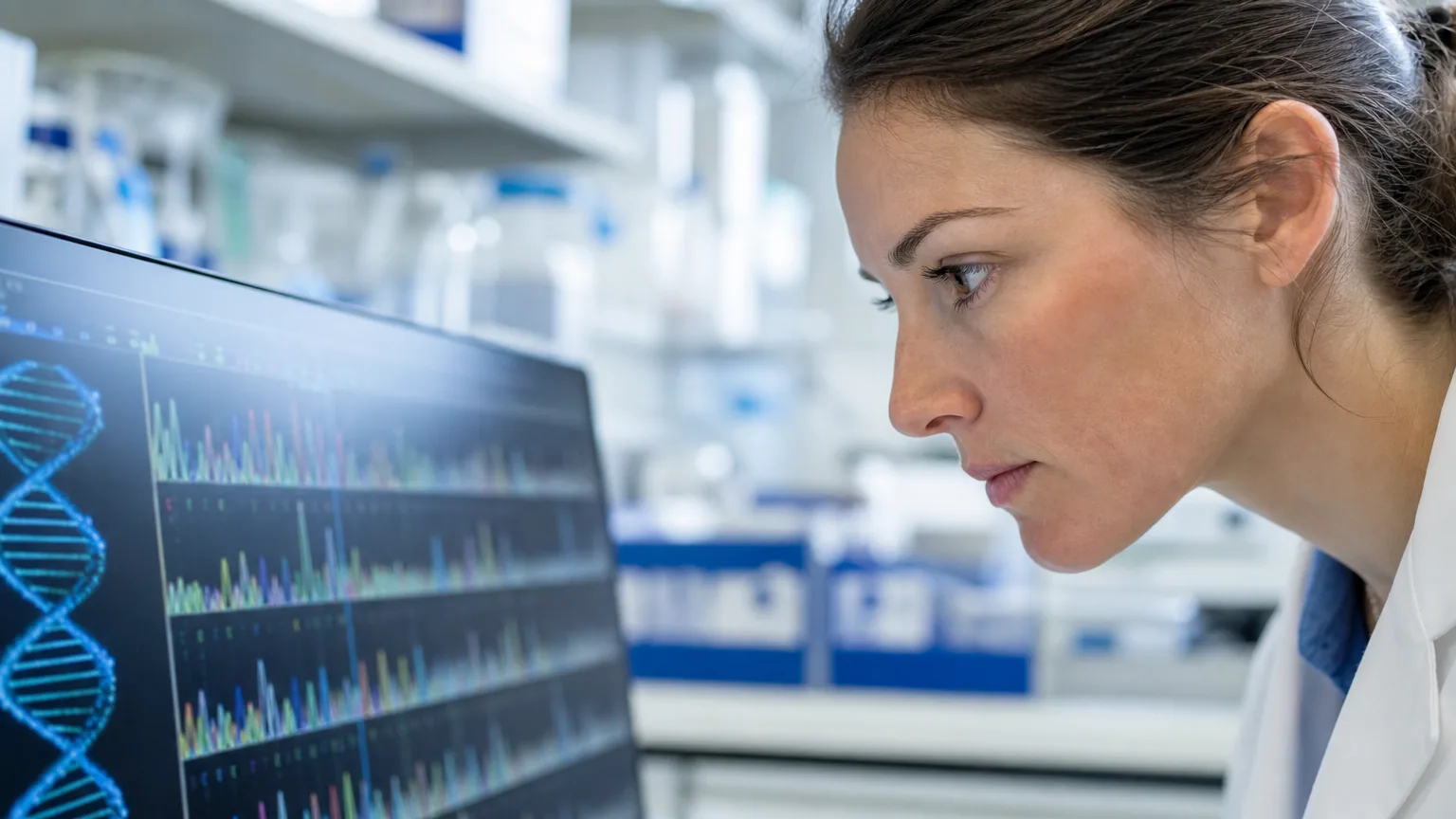 Une chercheuse analyse des résultats de séquençage génétique sur un écran en laboratoire