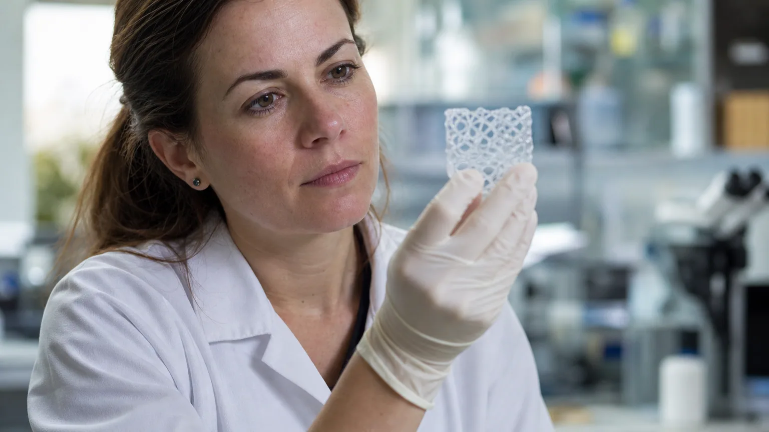 Une chercheuse examine un échantillon de tissu biologique dans un laboratoire de recherche