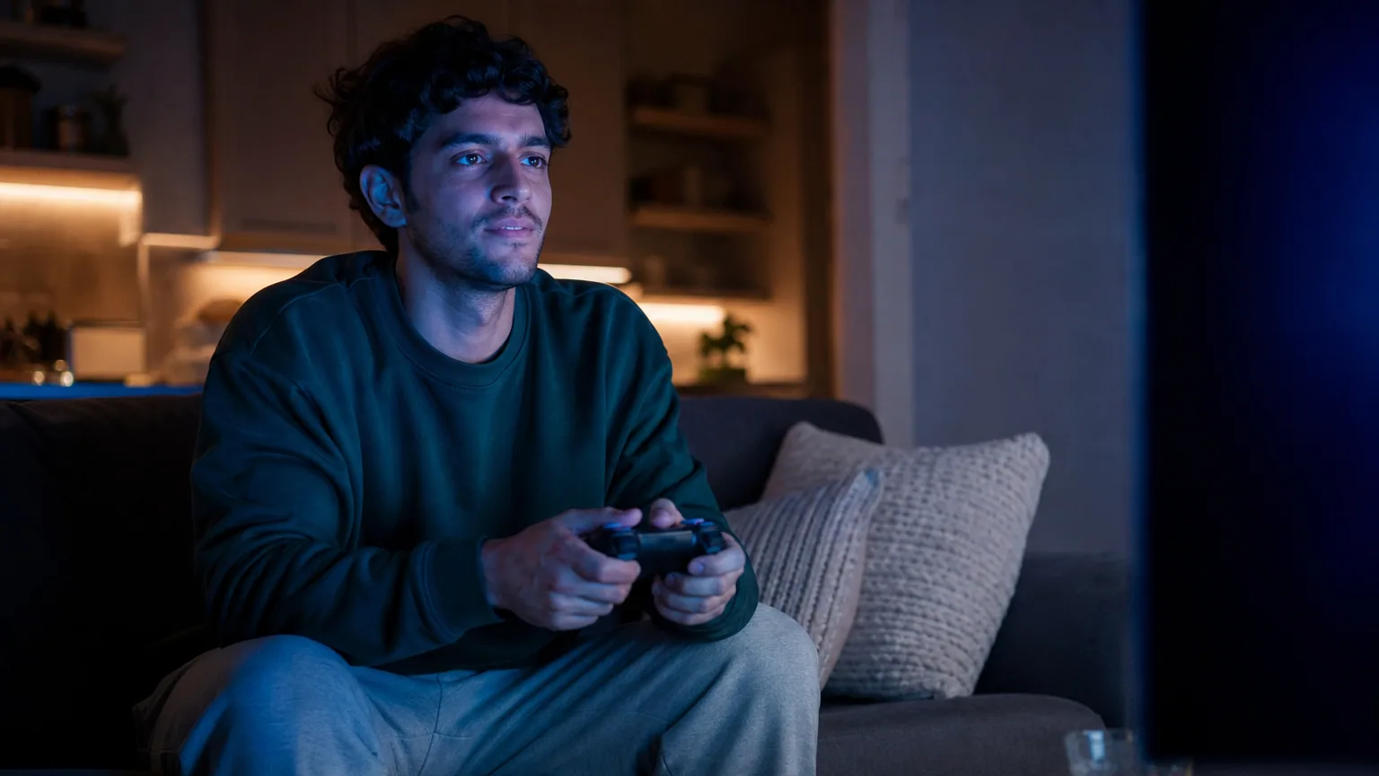 Une personne joue à la console manette en main devant une télévision dans un salon le soir