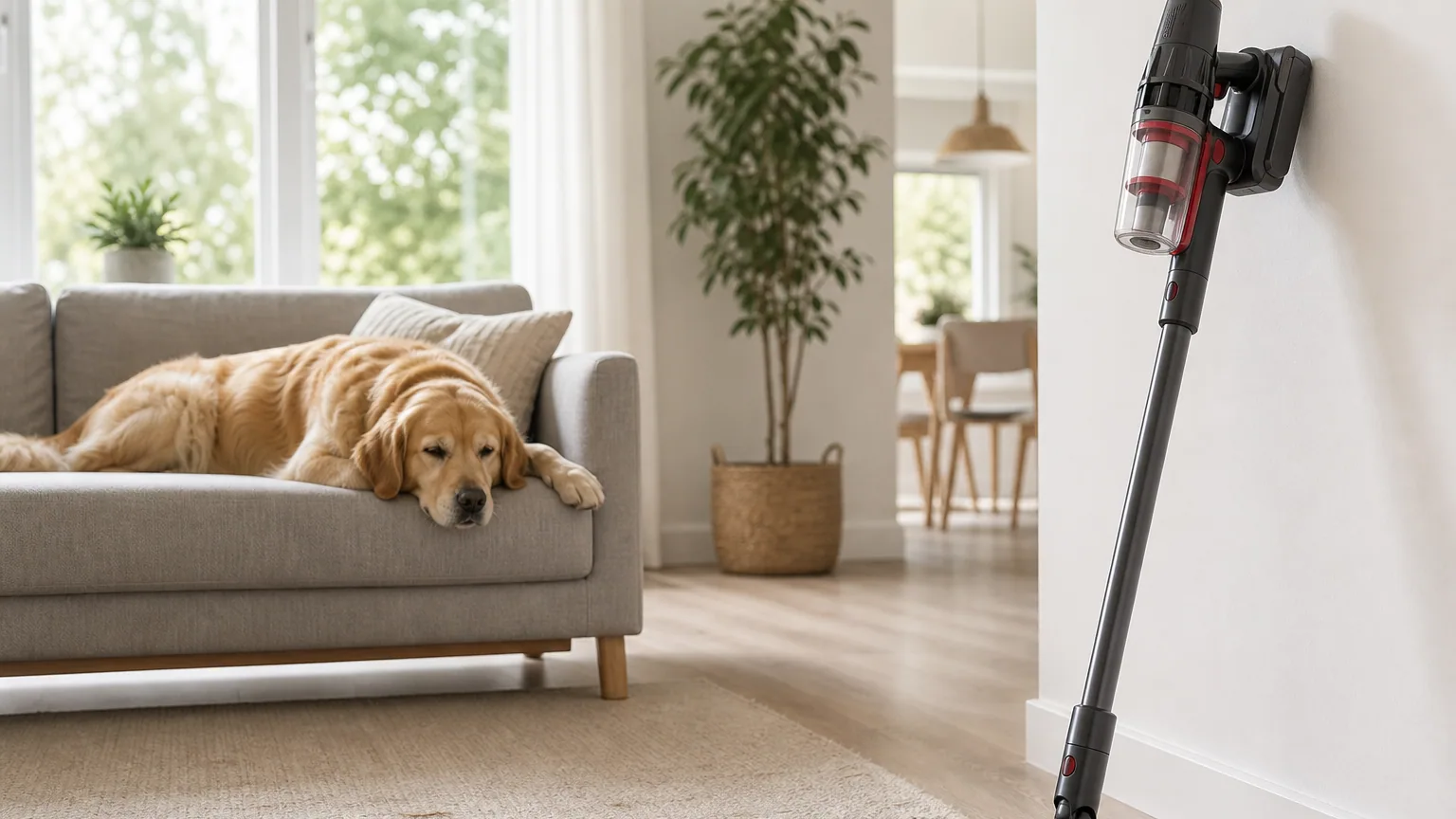 Aspirateur balai posé dans un salon lumineux près d'un chien allongé sur un tapis