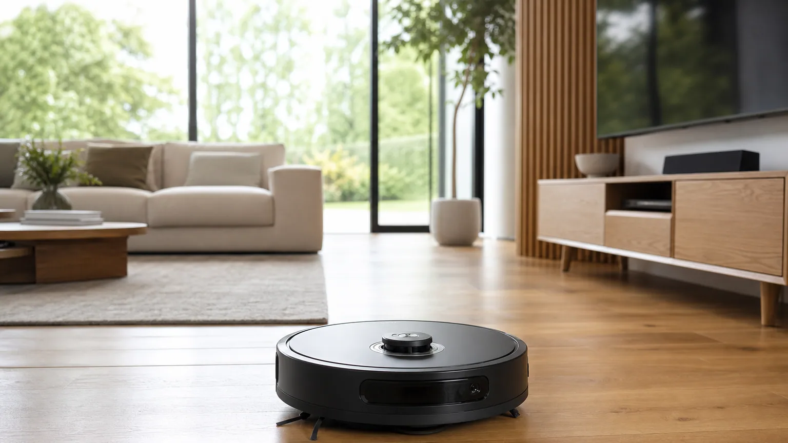 Aspirateur robot nettoyant le sol d'un salon lumineux moderne