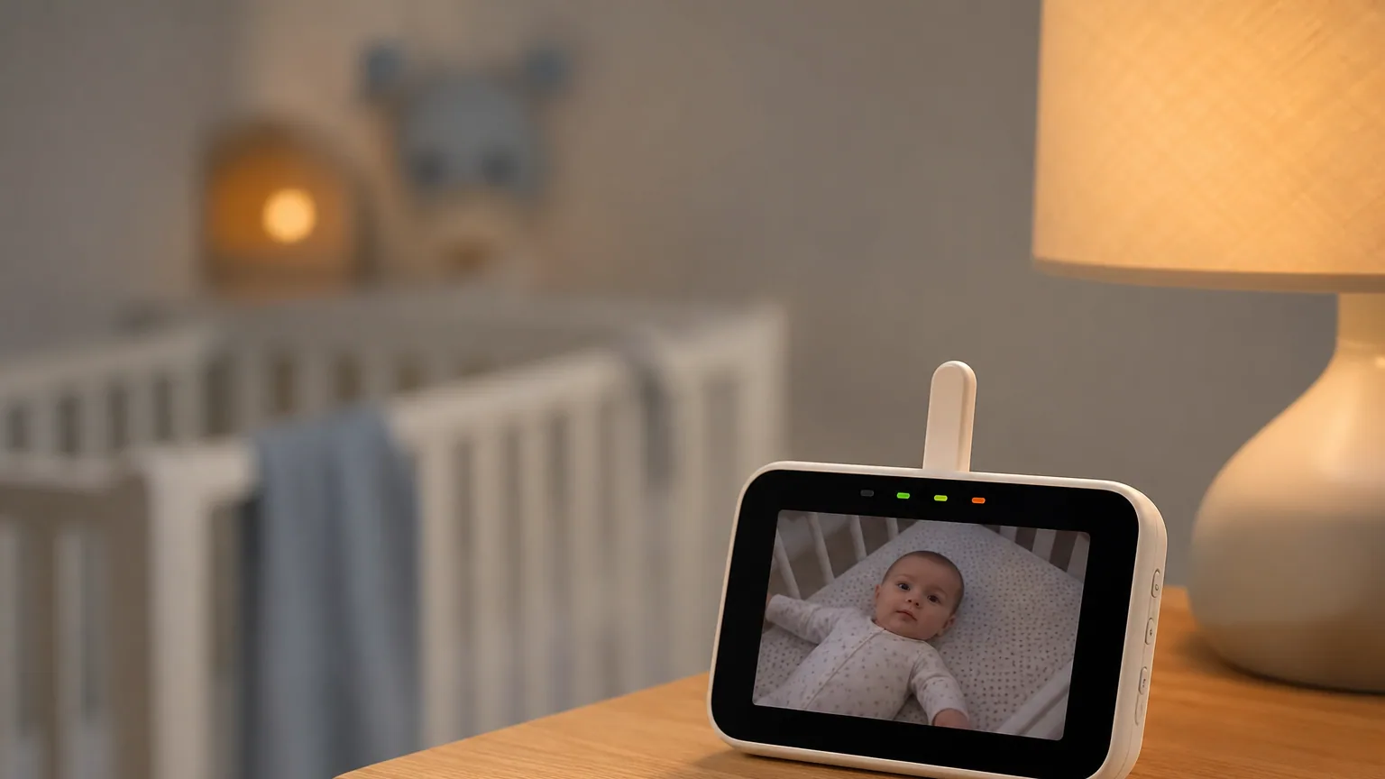 Babyphone vidéo posé sur une table de chevet à côté d'un lit de bébé dans une chambre douce