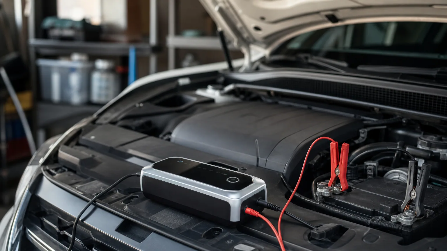 Chargeur de batterie intelligent connecté à la batterie d'une voiture dans un garage