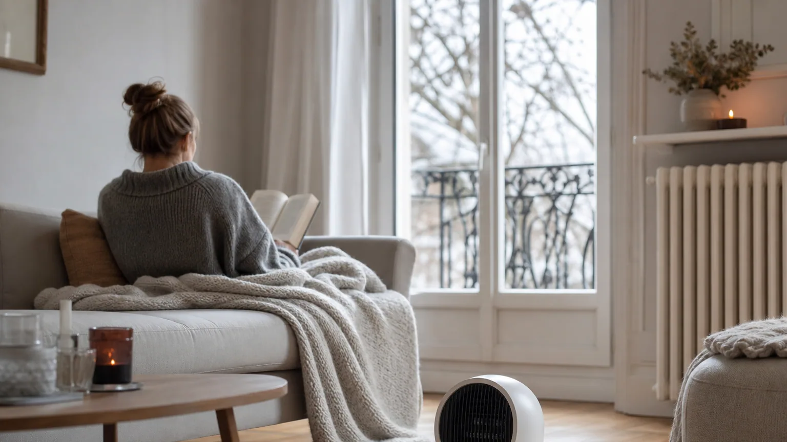 Petit radiateur soufflant posé au sol dans un salon chaleureux en hiver
