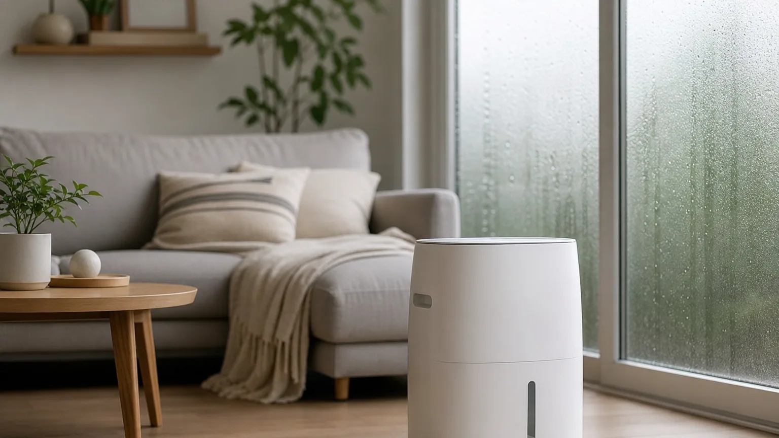 Déshumidificateur moderne posé dans un salon lumineux pour réguler l'humidité ambiante