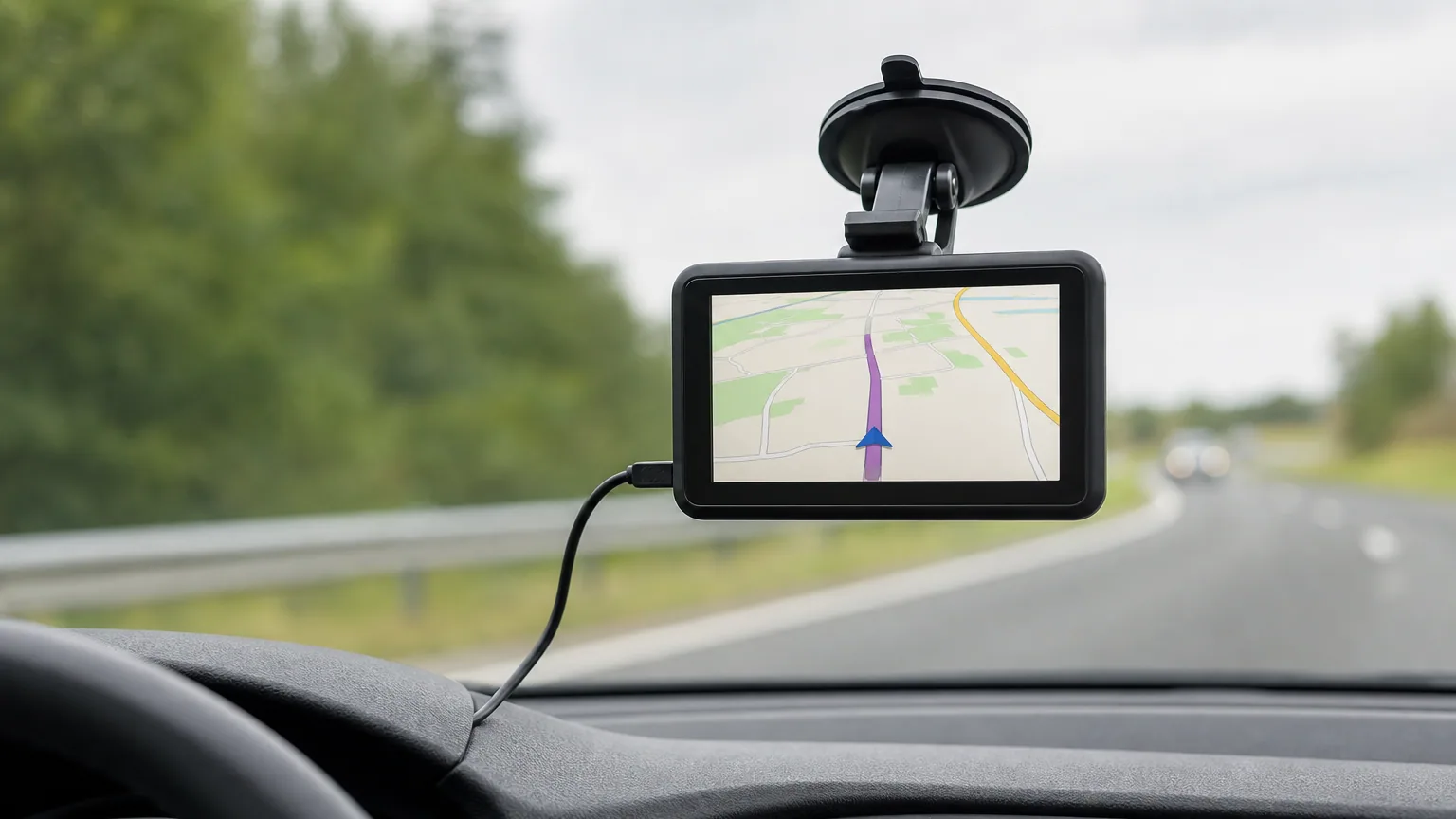 Un GPS auto fixé au pare-brise affichant un itinéraire dans l'habitacle d'une voiture