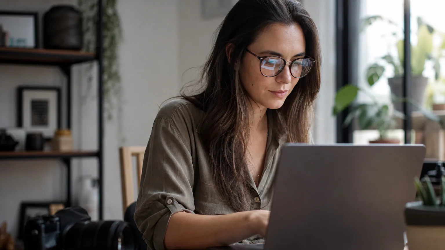 Une jeune femme concentrée monte une vidéo sur son ordinateur portable dans un bureau lumineux