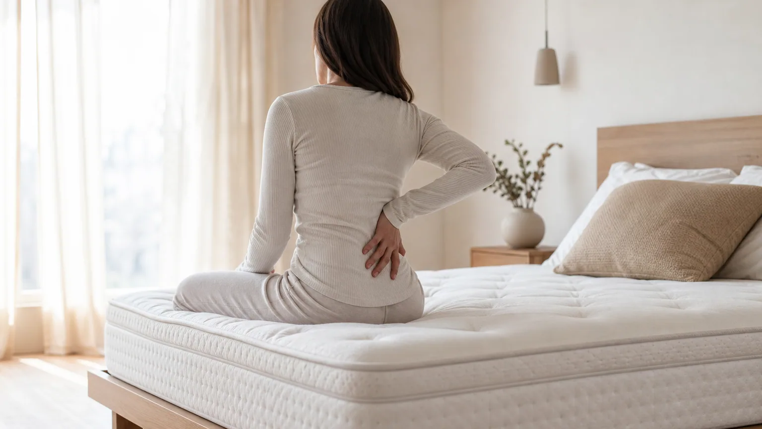 Femme assise de dos sur un matelas épais, main posée sur ses lombaires