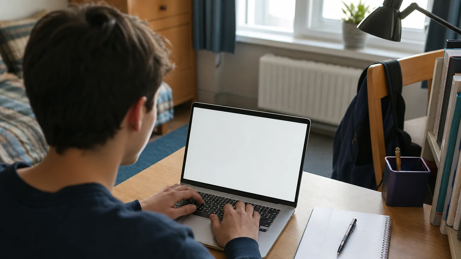 Étudiant tapant sur un ordinateur portable fin dans une chambre universitaire lumineuse