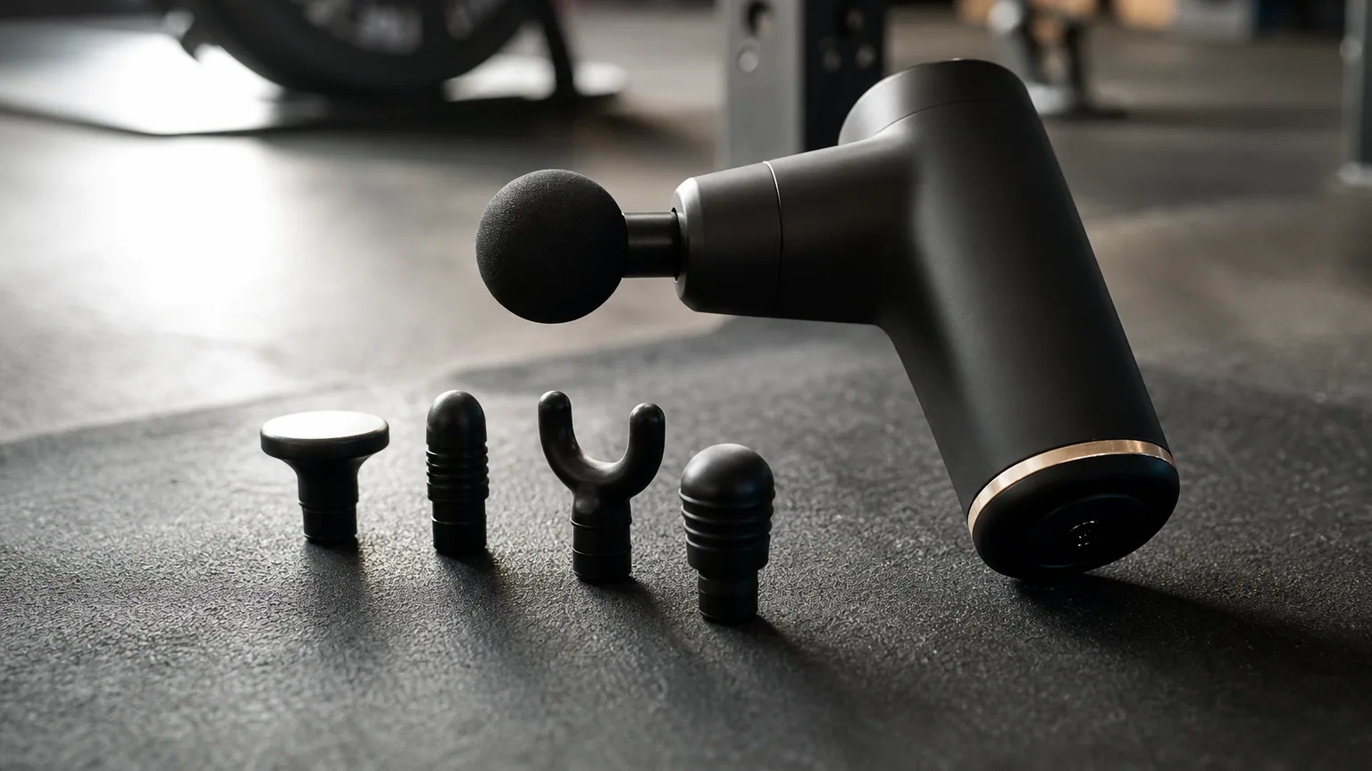 Pistolet de massage posé sur un tapis de sport avec ses embouts interchangeables