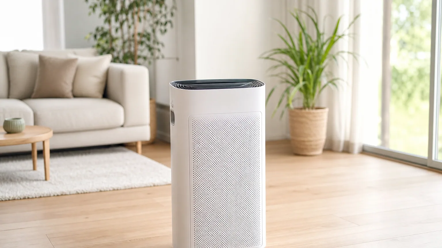 Purificateur d'air moderne posé dans un salon lumineux et épuré