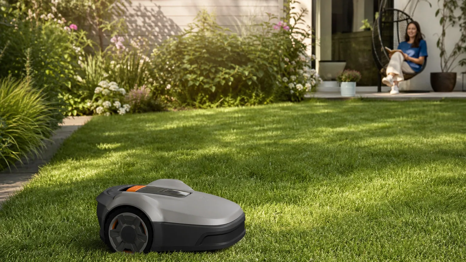 Robot tondeuse autonome en train de tondre une pelouse verte dans un jardin résidentiel