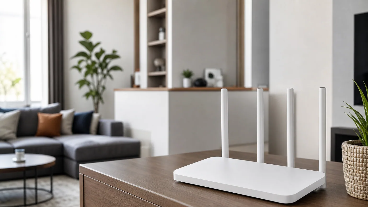 Routeur Wi-Fi 6 moderne posé sur un meuble dans un salon lumineux
