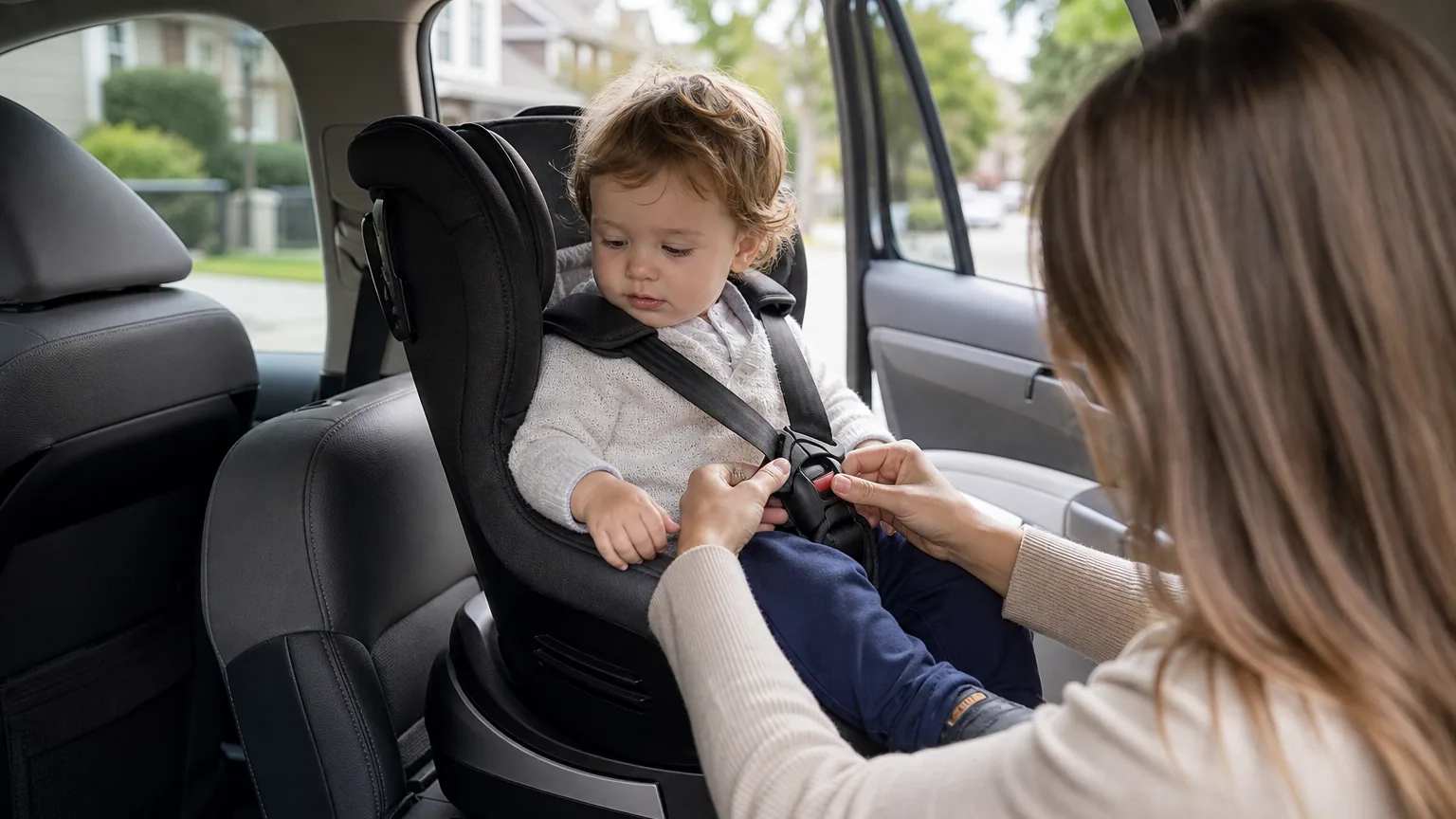 Parent installant un jeune enfant dans un siège auto pivotant tourné vers la portière