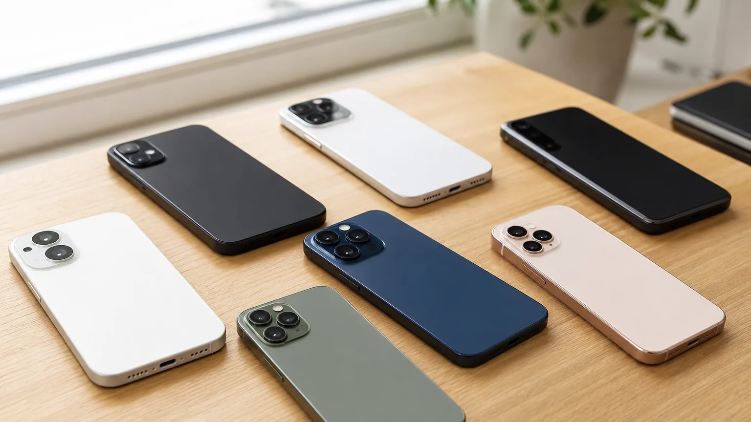 Plusieurs smartphones modernes posés sur une table en bois clair
