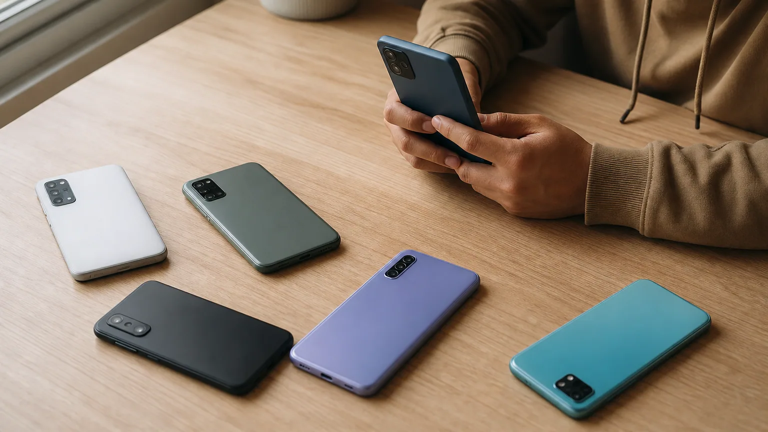 Plusieurs smartphones d'entrée de gamme posés sur une table en bois clair