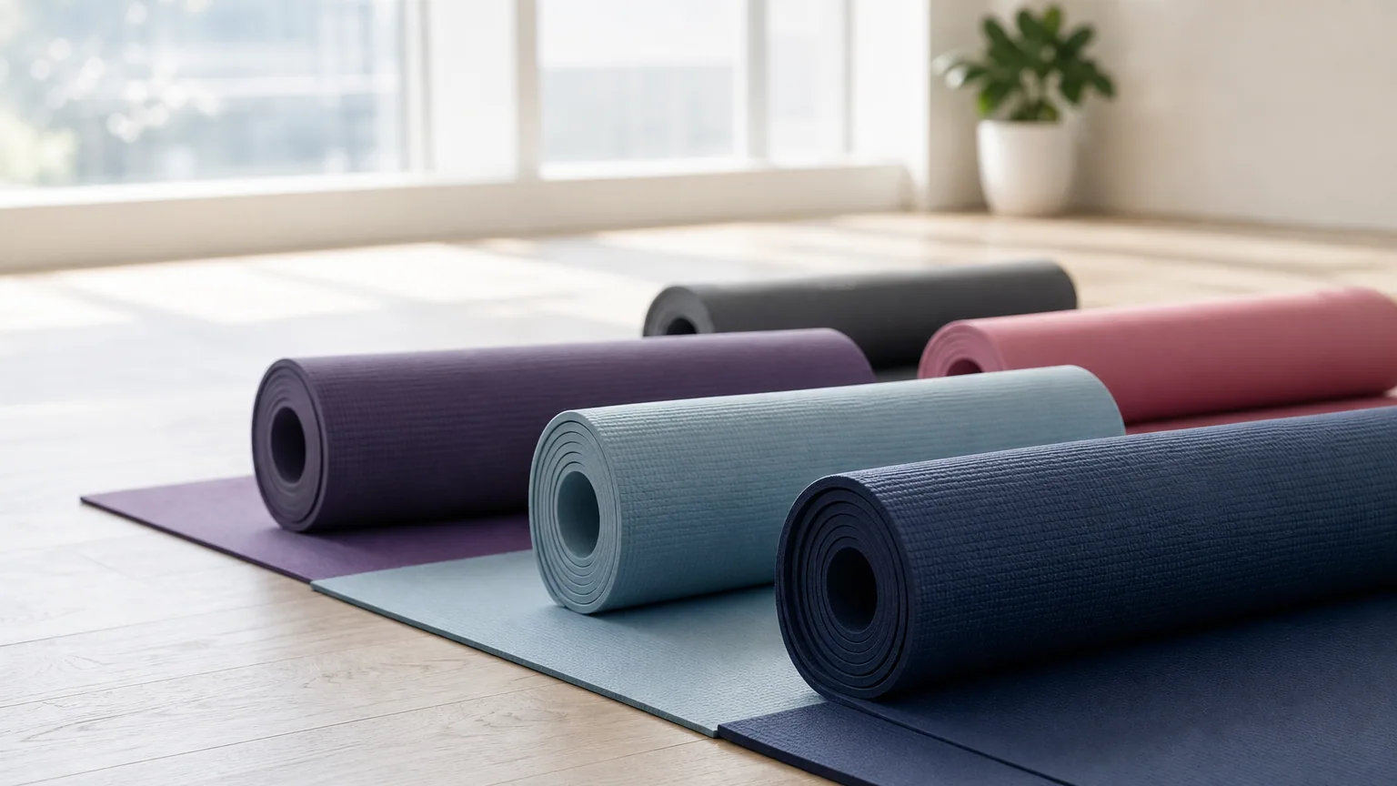 Plusieurs tapis de yoga roulés et déroulés dans un studio lumineux