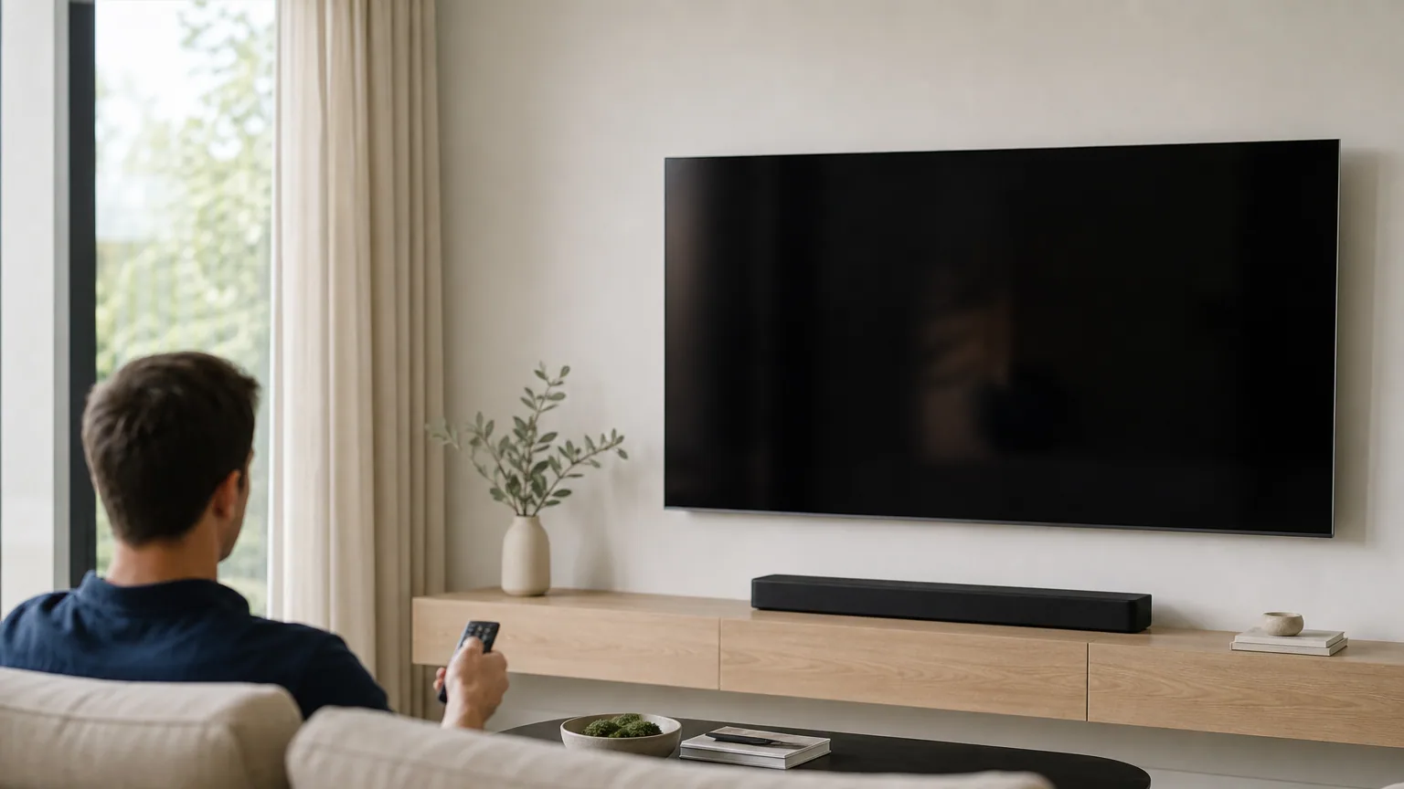 Téléviseur grand écran allumé dans un salon moderne et lumineux