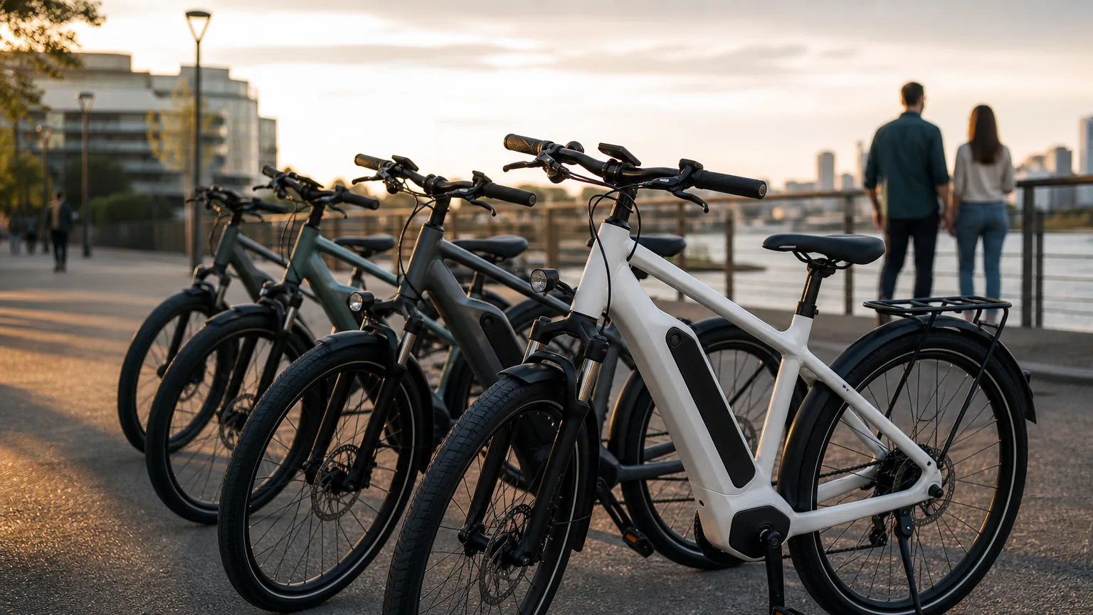 Plusieurs vélos électriques alignés sur une piste cyclable urbaine au lever du jour