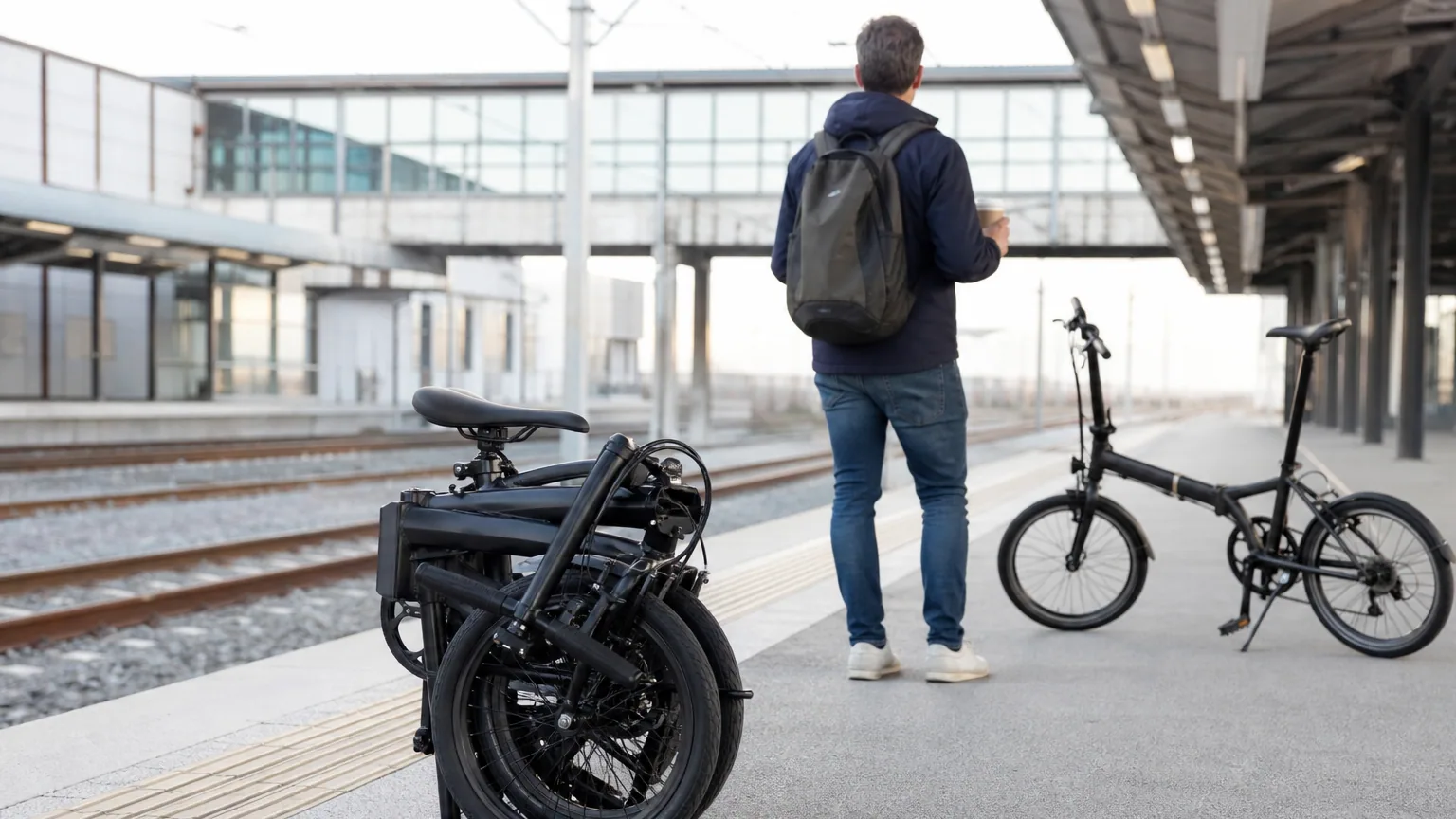 Vélo électrique pliant replié sur un quai de gare près d'un voyageur