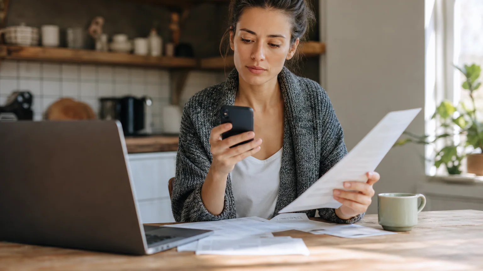Une femme consulte ses dépenses sur son smartphone à la table de sa cuisine, une facture à la main
