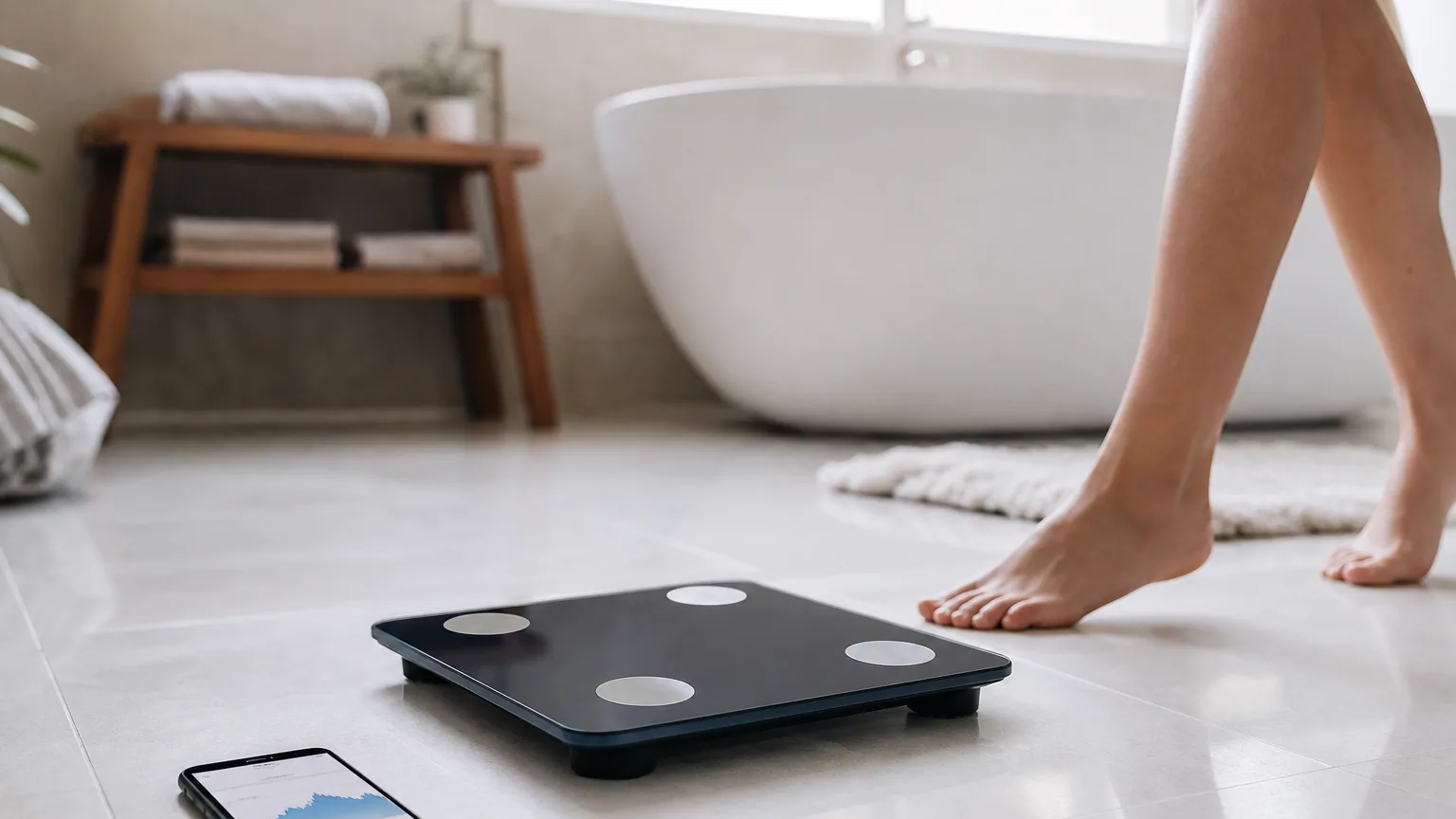 Balance connectée posée sur un sol de salle de bains avec un smartphone affichant une application de suivi du poids