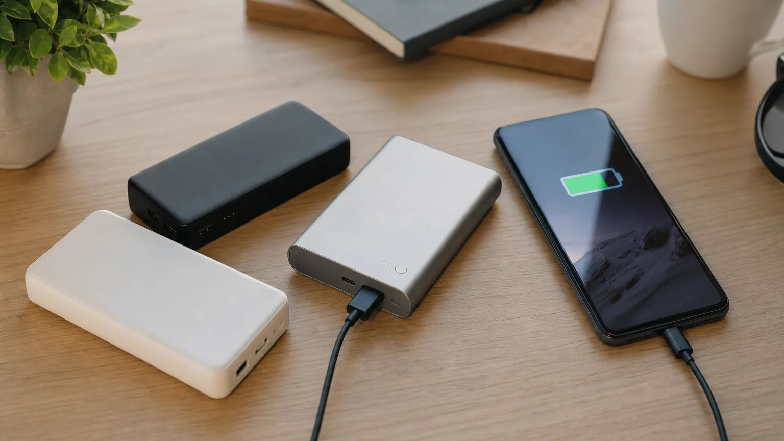 Plusieurs batteries externes posées sur un bureau avec un câble USB-C et un smartphone en charge