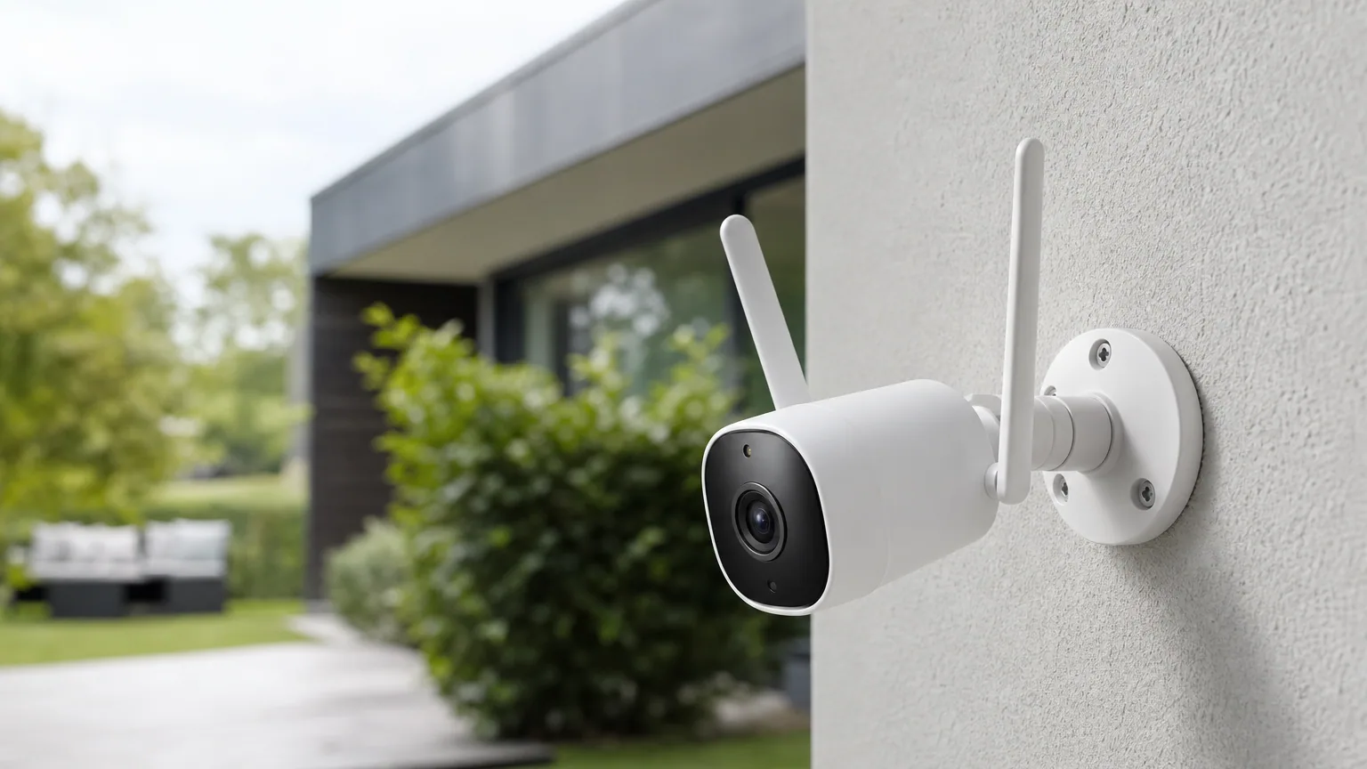 Caméra de surveillance Wi-Fi blanche fixée sur un mur extérieur de maison