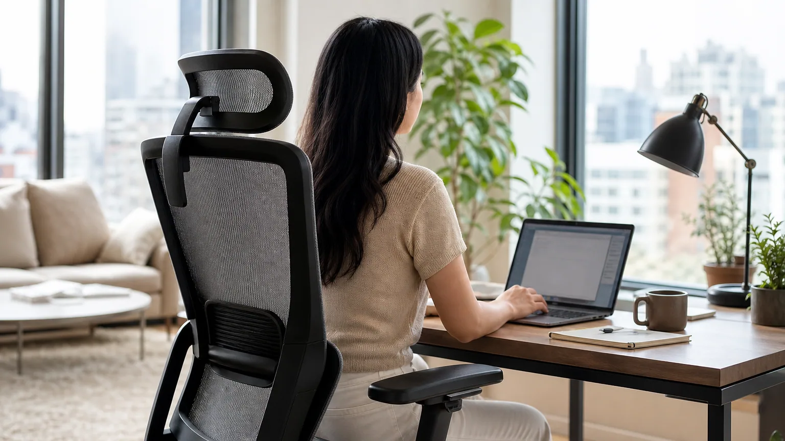 Chaise de bureau ergonomique en maille installée dans un coin télétravail lumineux