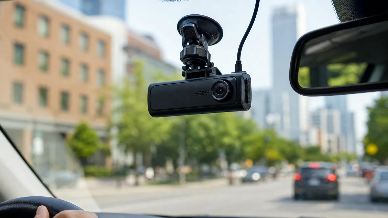 Caméra embarquée fixée sur le pare-brise d'une voiture filmant la route