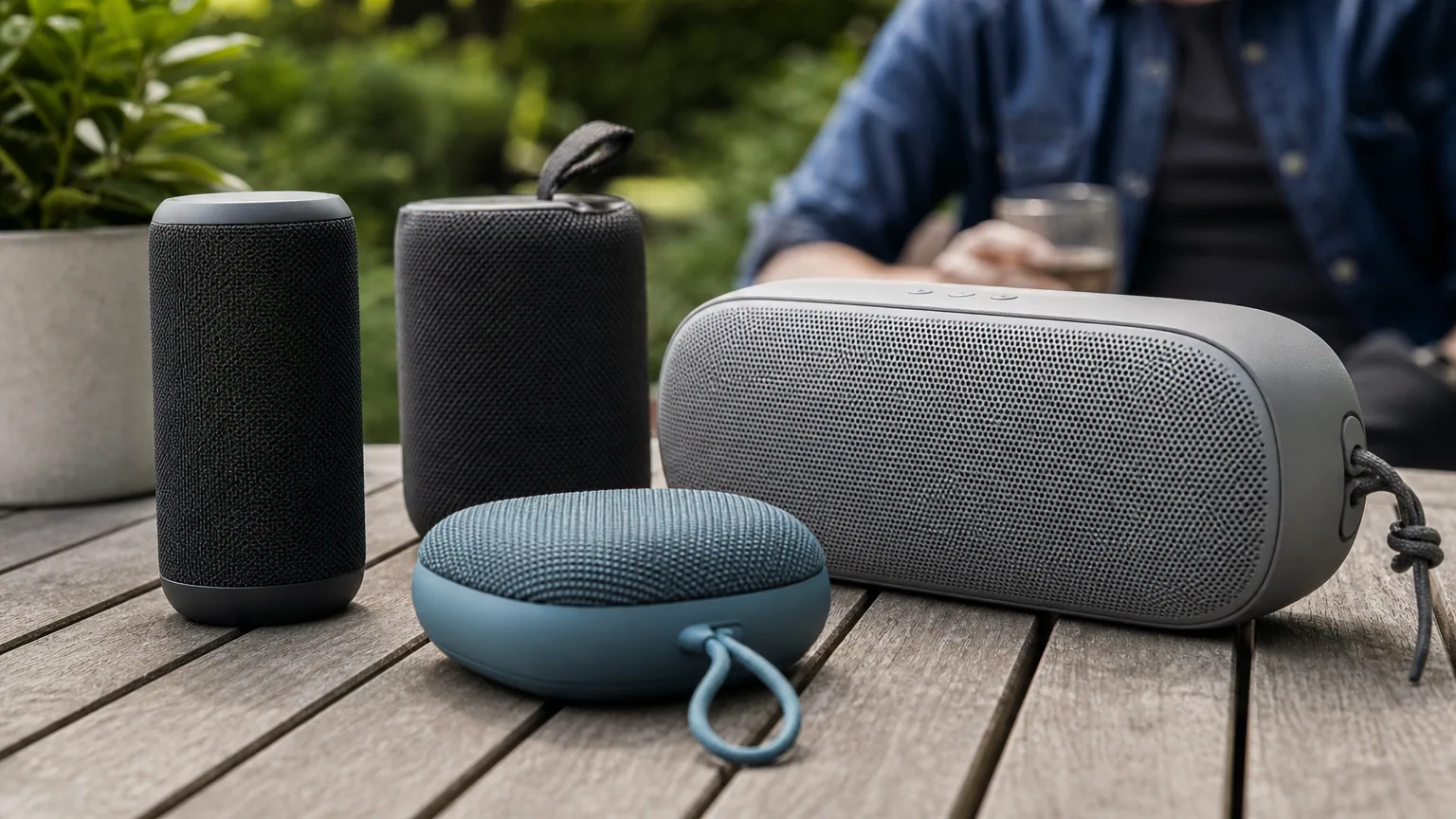 Plusieurs enceintes Bluetooth portables posées sur une table en bois en extérieur