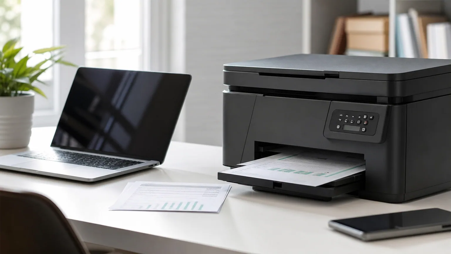 Imprimante multifonction posée sur un bureau lumineux avec documents et ordinateur portable