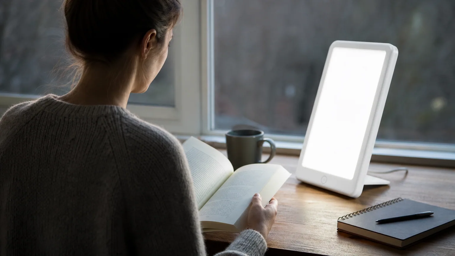 Lampe de luminothérapie allumée sur un bureau près d'une tasse au petit matin