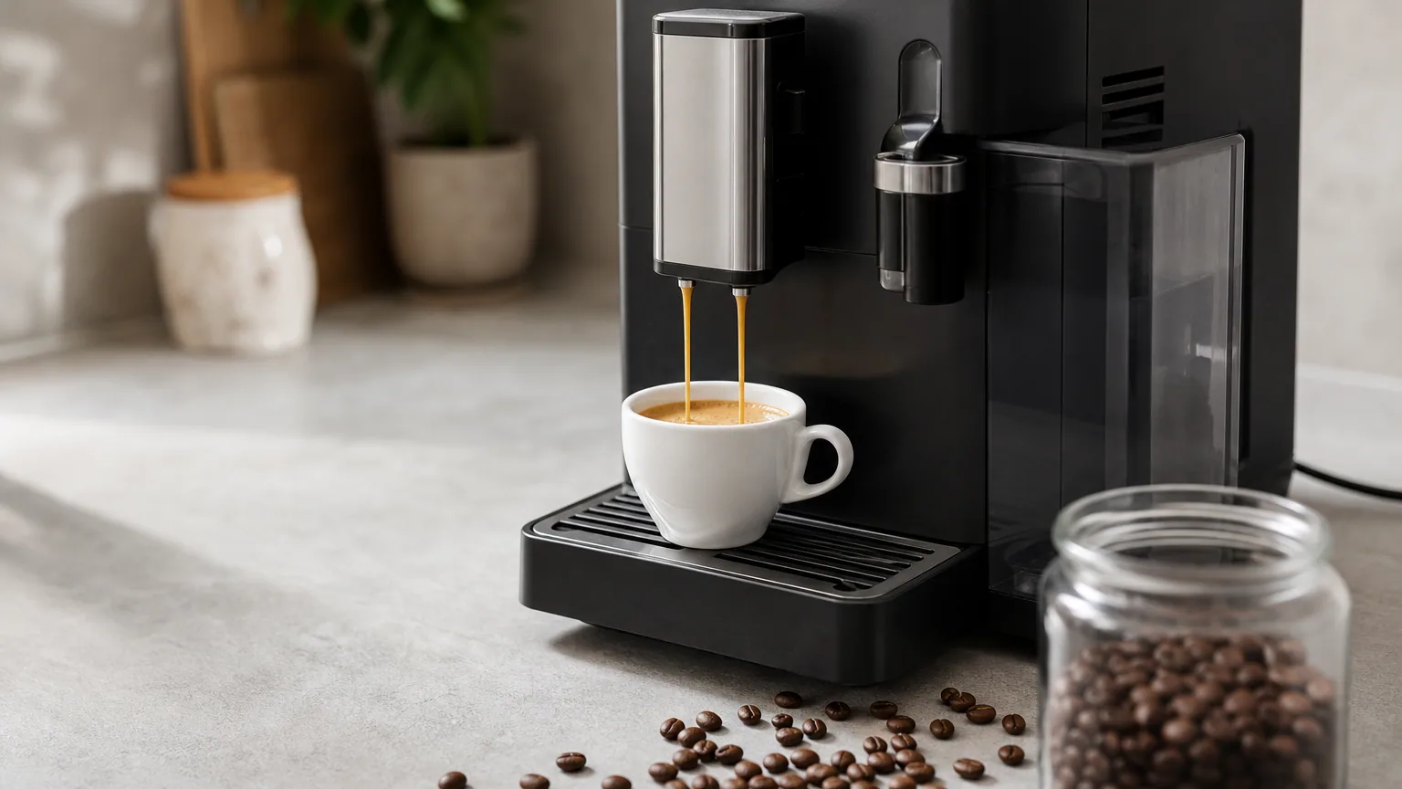Machine à café à grain automatique versant un expresso dans une tasse sur un plan de travail de cuisine