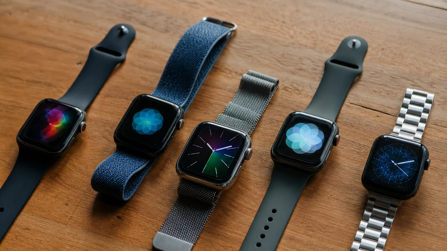 Plusieurs montres connectées posées sur une surface en bois avec leurs cadrans allumés