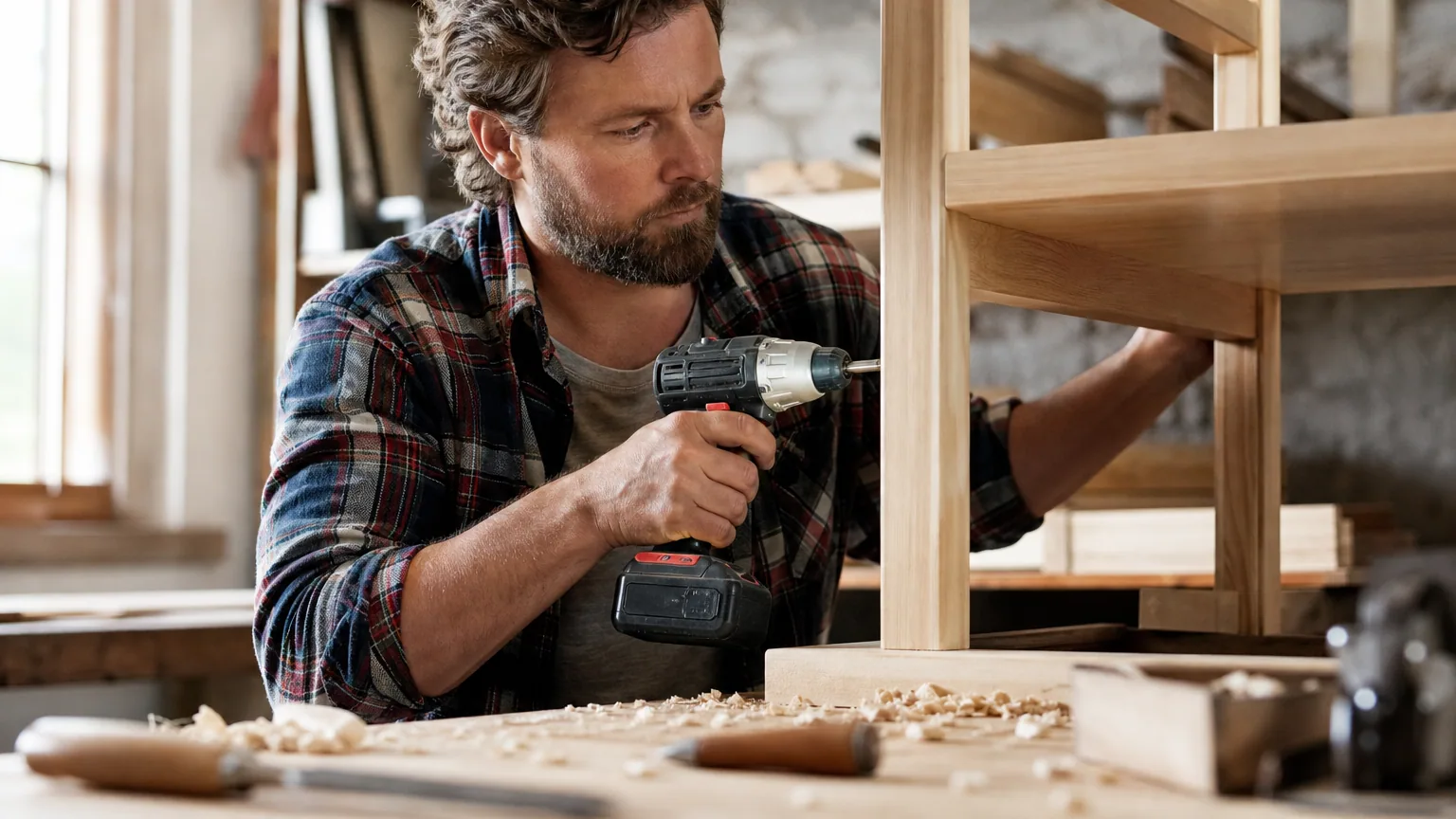 Un bricoleur utilise une perceuse-visseuse sans fil pour monter une étagère en bois dans un atelier lumineux