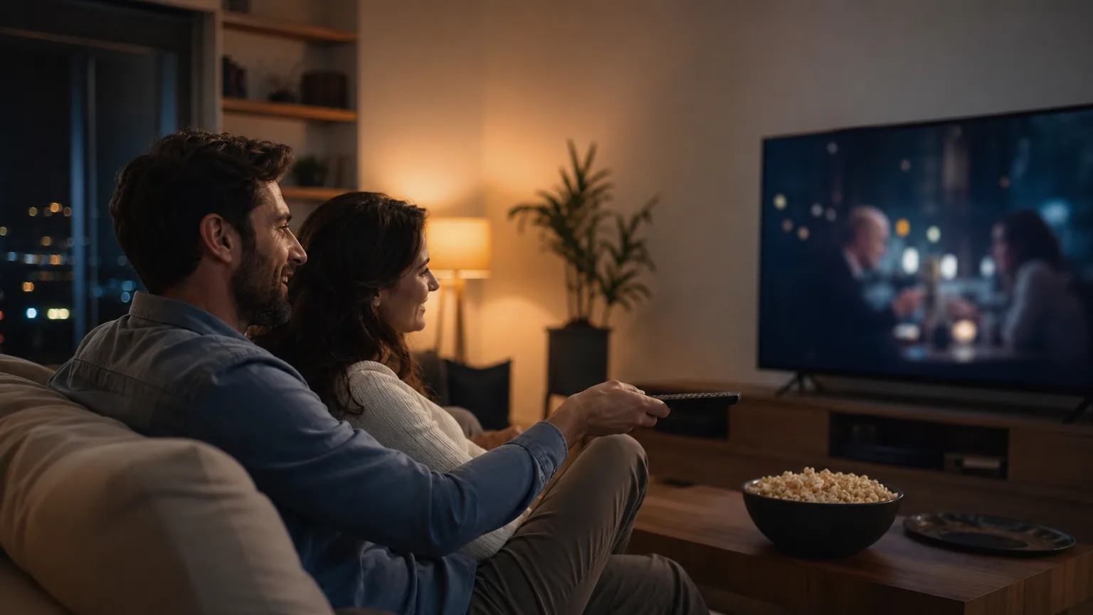 Un couple choisit un film à louer sur un téléviseur connecté dans un salon le soir