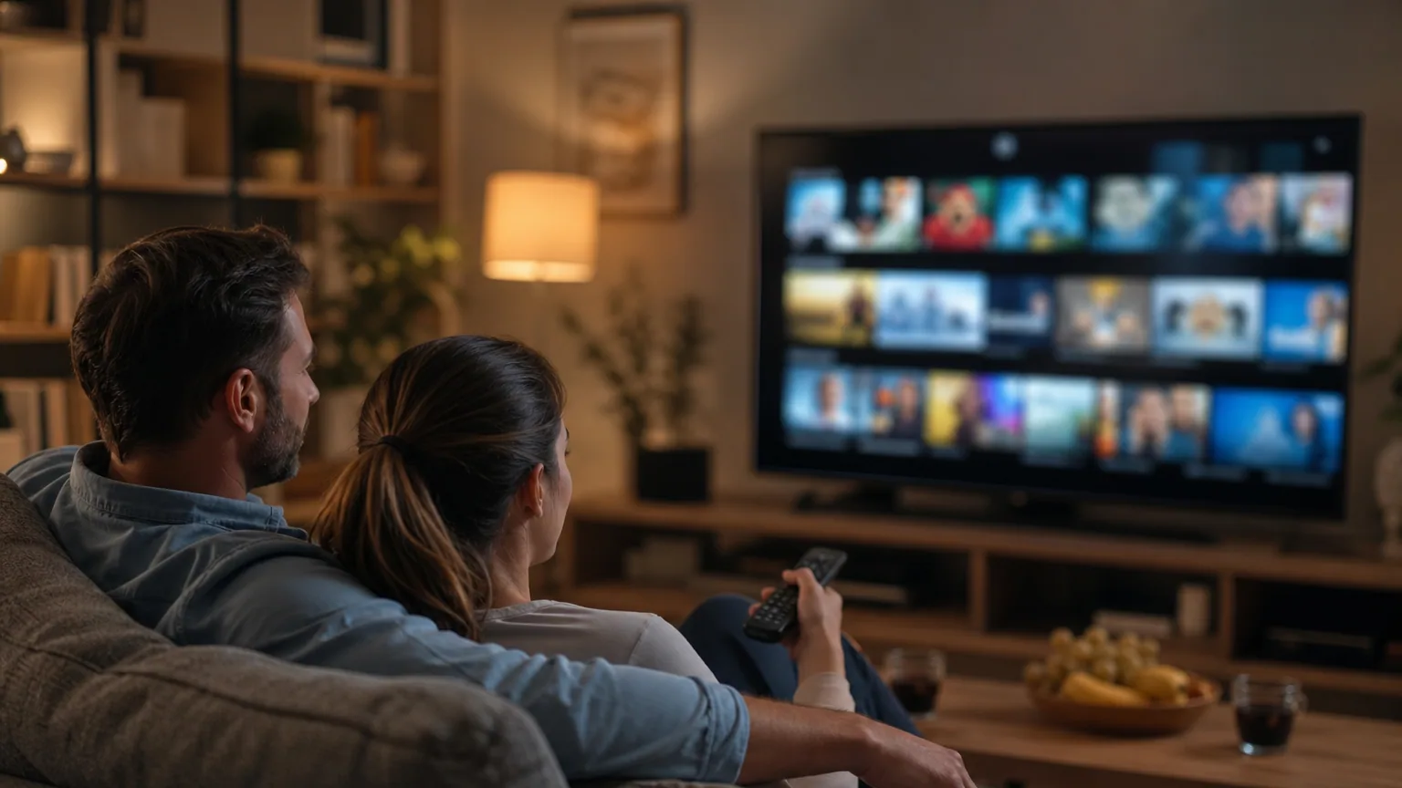 Un couple choisit une série à regarder sur sa télévision dans un salon le soir