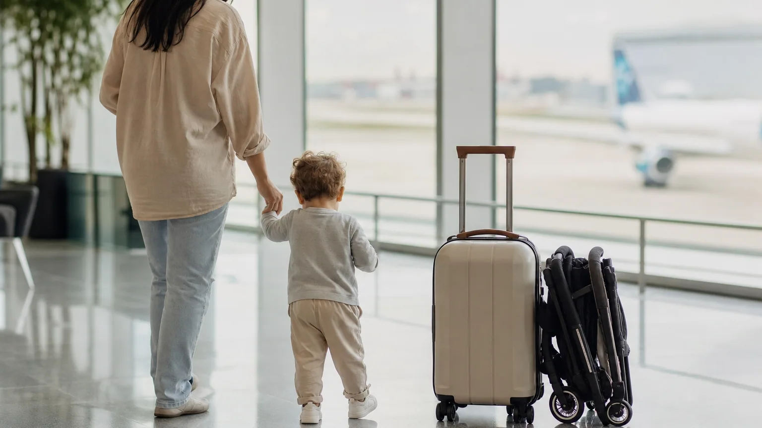 Poussette compacte pliée posée à côté d'une valise cabine dans un aéroport
