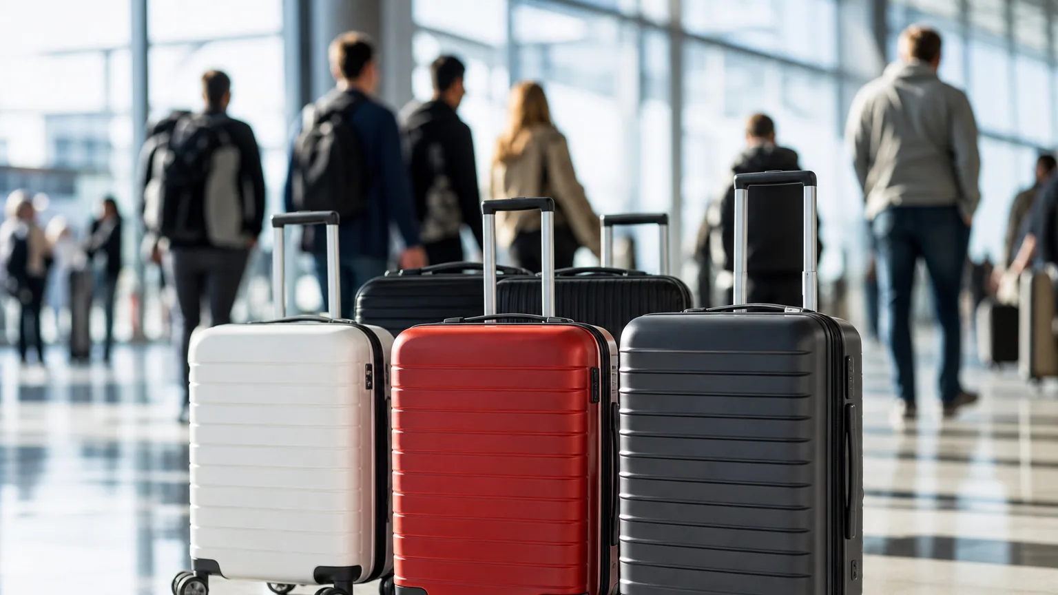 Plusieurs valises cabine alignées dans un hall d'aéroport lumineux