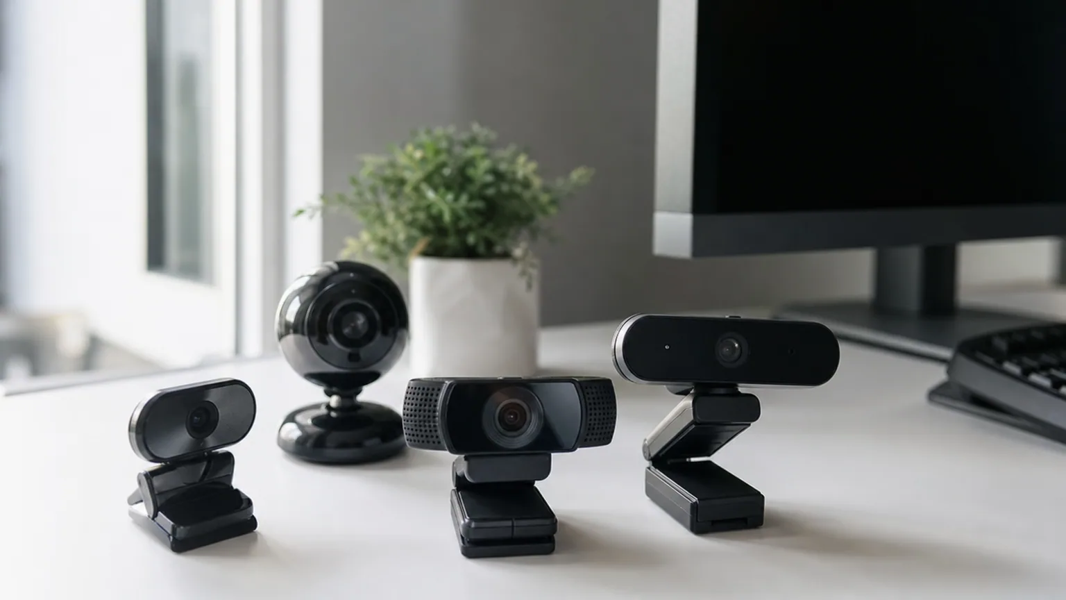 Plusieurs webcams posées sur un bureau près d'un écran d'ordinateur